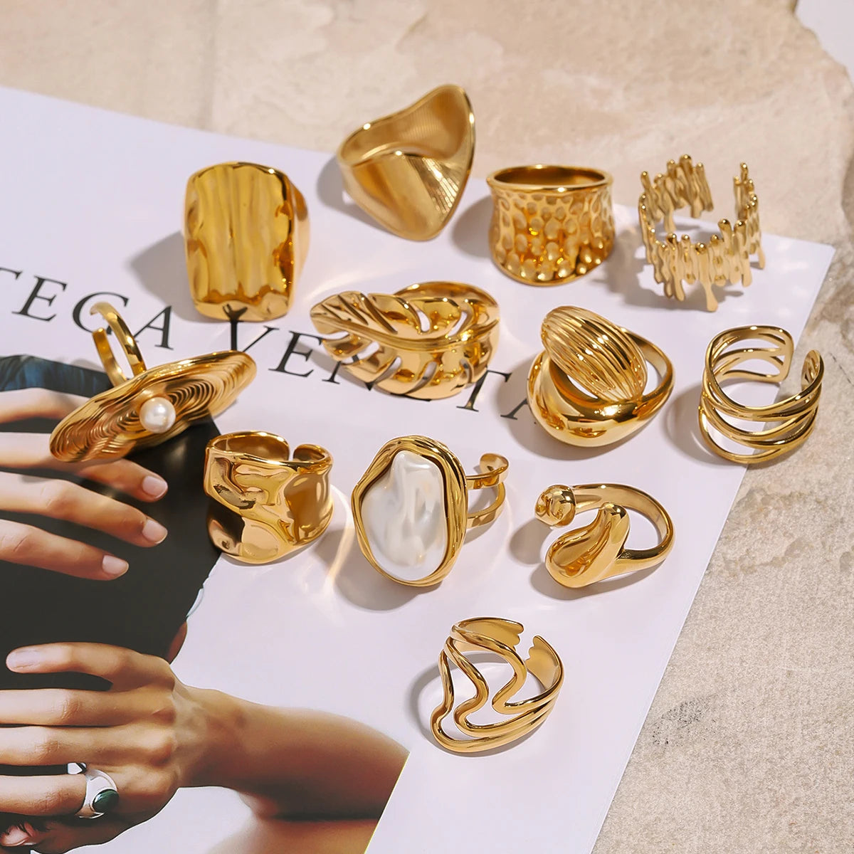 Fashion Pearl Leaf Ring for Women . Gold Color Textured Strip Design, Elegant Stackable Statement Jewelry