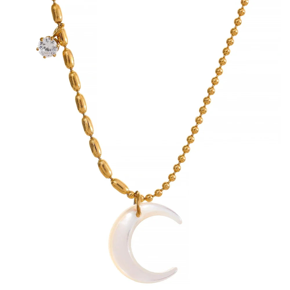 Chic Moon Pendant Necklace Featuring White Shell, Gold Beads, and Zircon Charms on a Stainless Steel Chain . A Delicate and Unique Piece, Perfect for Summer Vibes