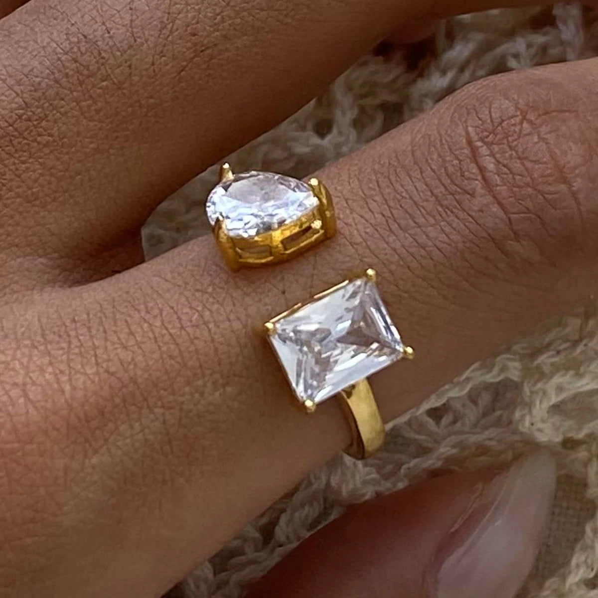 Luxury Open-End Geometric Ring for Women . Shiny AAA Cubic Zirconia, High-Quality Textured Stainless Steel, Waterproof Elegant Statement Jewelry