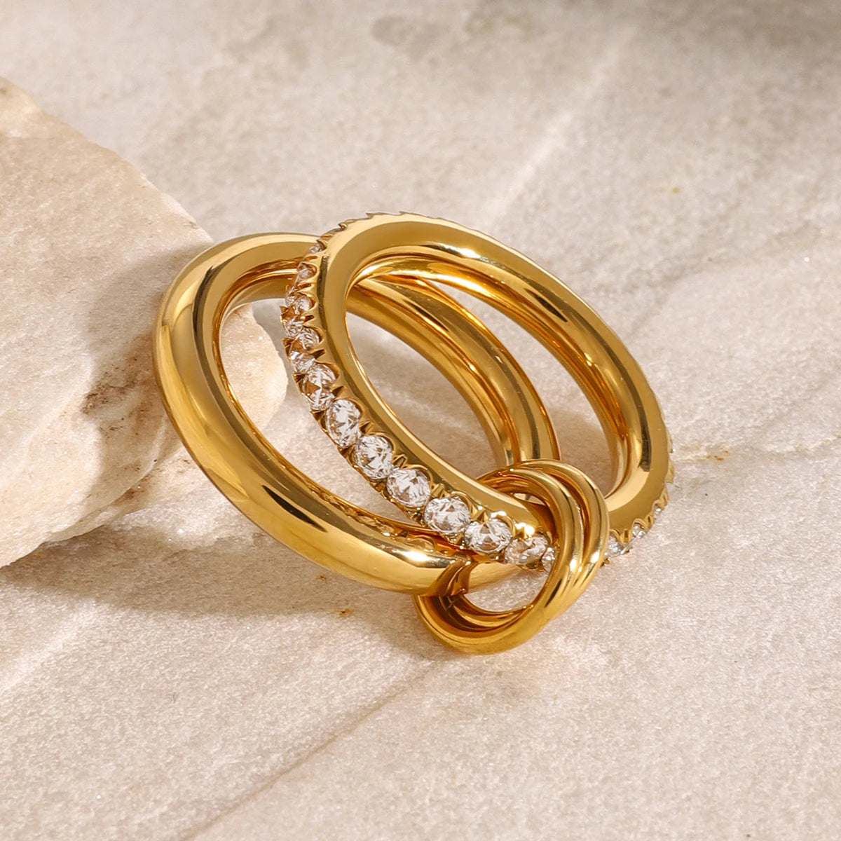 Minimalism Glossy Shine Double Layer Ring . Stainless Steel with White Cubic Zirconia Inlay, Waterproof and Elegant Jewelry for Women
