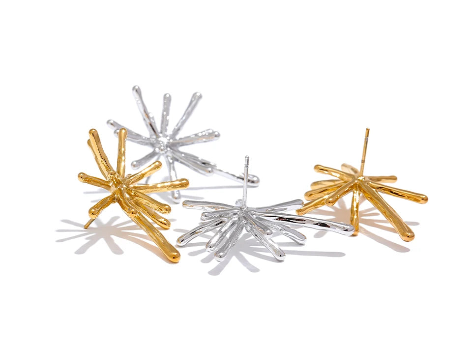 18K PVD Gold Plated 316L Stainless Steel Firework Textured Cast Stud Earrings . Waterproof Chic Charm Jewelry for Women
