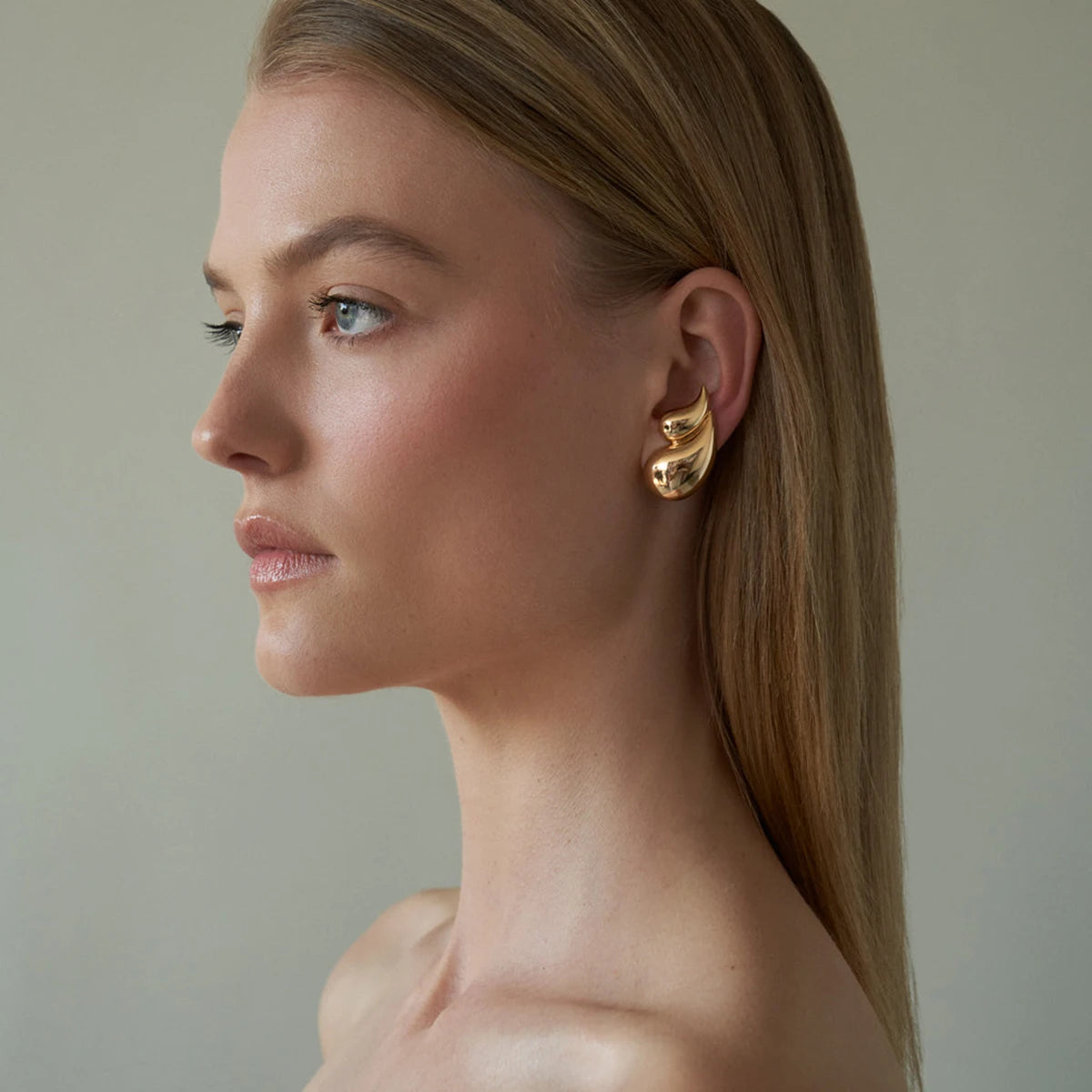 Golden Water Drop Stud Earrings . Geometric Stainless Steel Statement Jewelry . Cast Metal Waterproof Earrings for Women