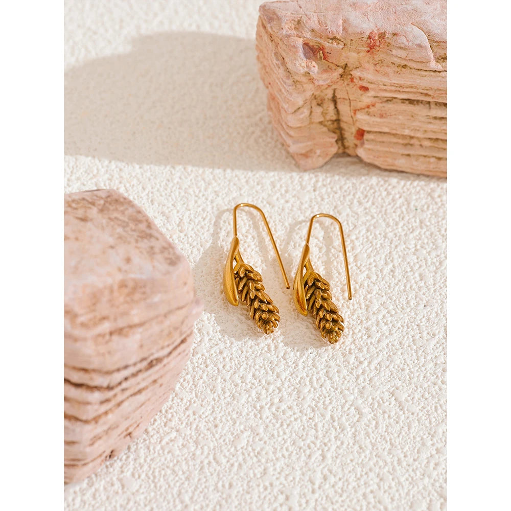 New 316L Stainless Steel Ear of Wheat Earrings . 18K Gold Plated, Water-Resistant Fashion Statement Jewelry for Women, Unique Personal Accessory