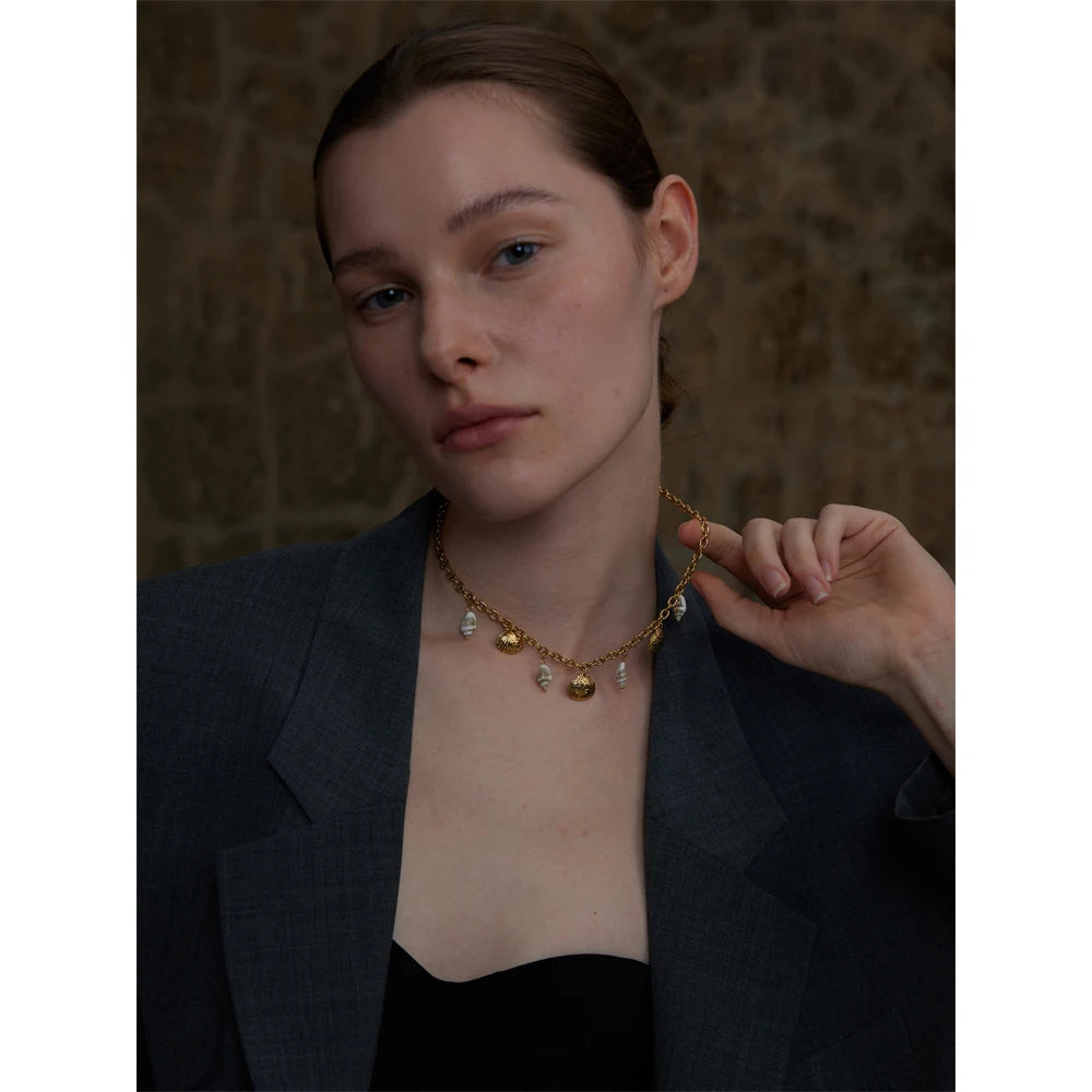 Handmade 18K Gold PVD Plated Necklace Featuring a Natural Shell Charm . Waterproof and Stylish, the Perfect Holiday Accessory for Radiant Summer Vibes