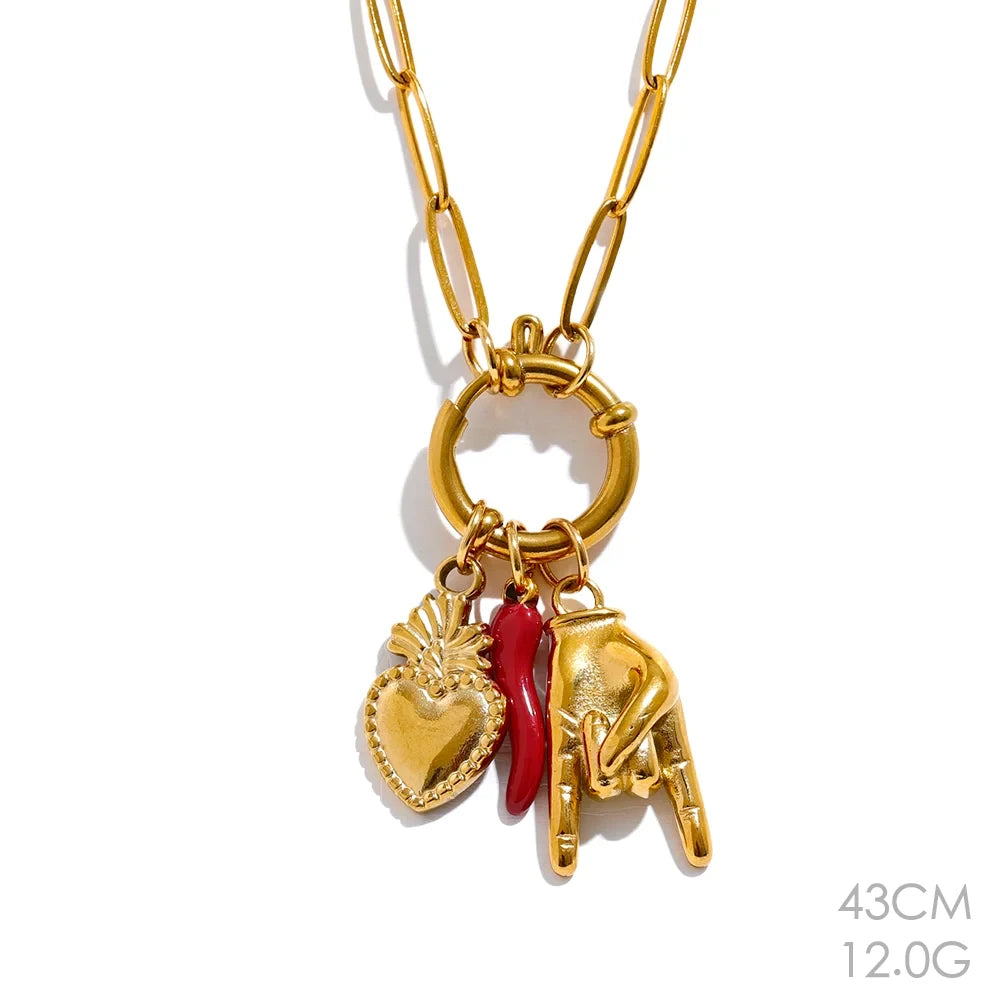 Creative 316L Stainless Steel Necklace Featuring Palm, Red Chili & Heart Charms . A Bold and Personalized Accessory, Perfect for Fun Summer Vibes