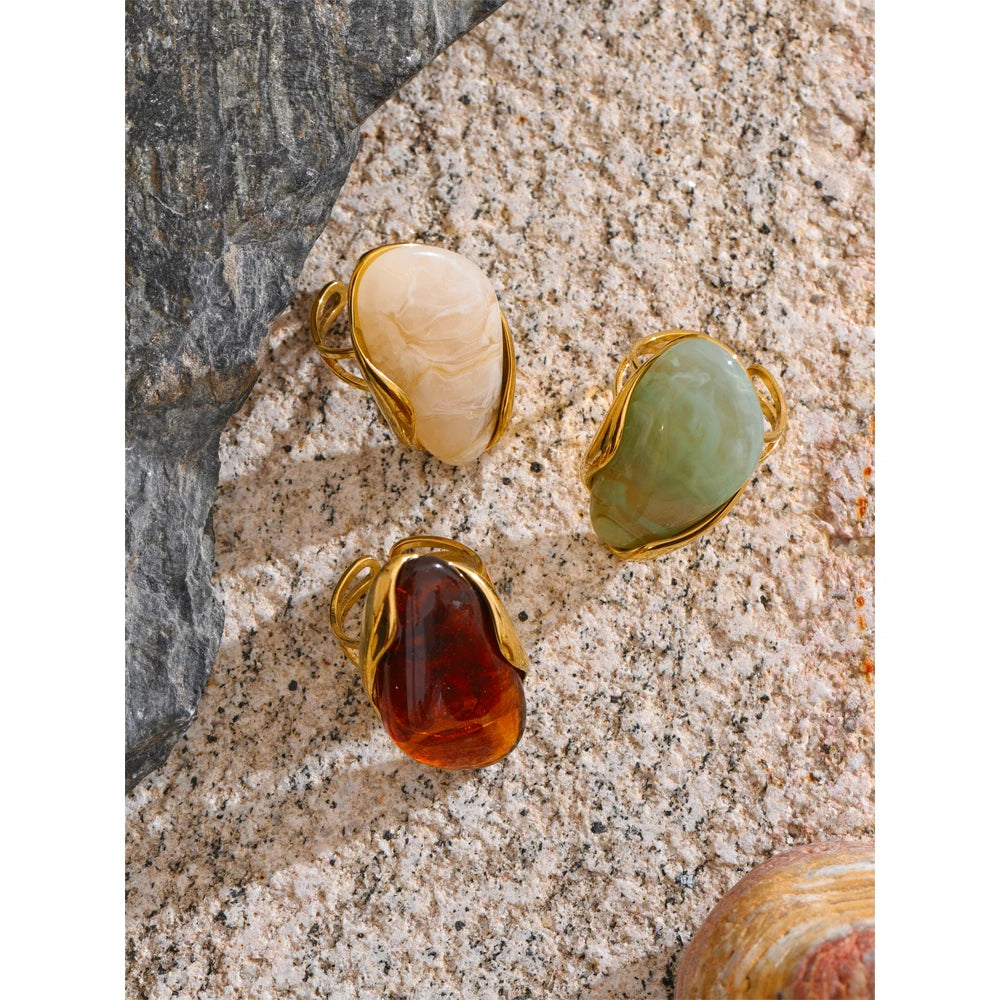 New Design Geometric Resin Ring . Brown, Green & Beige Colors with Golden PVD Plated 316L Stainless Steel, Rust-Proof Finger Jewelry for Women