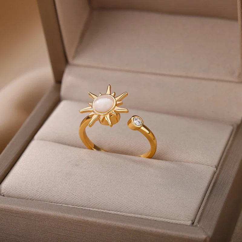 Rotating Sun Opal Open Ring for Women .Retro Charm Design with Durable Stainless Steel Adjustable Band, Unique and Eye-Catching Statement Jewelry Piece