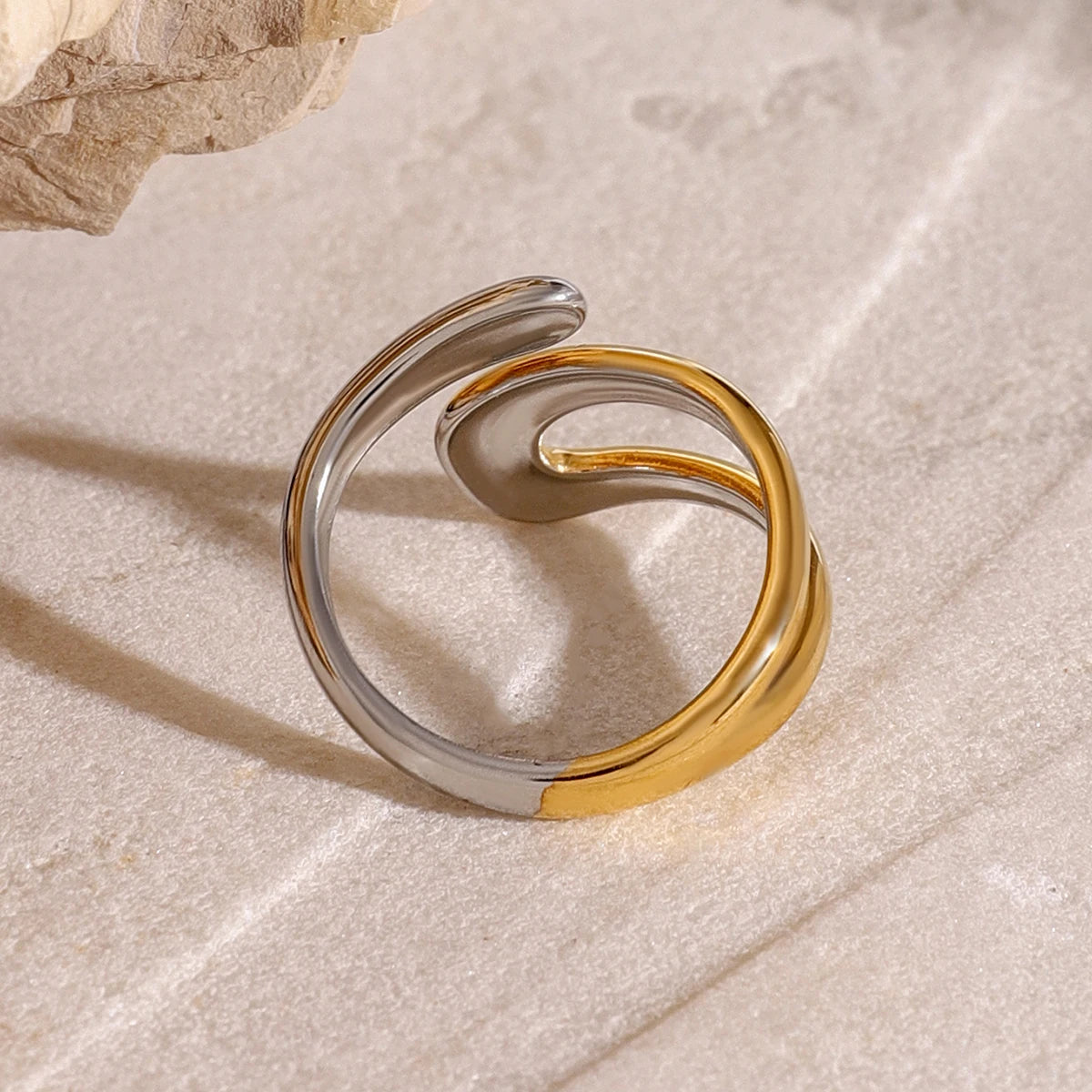 Asymmetric Colorblock Cross Open Ring for Women .Trendy 18K Gold PVD Stainless Steel Waterproof Statement Jewelry