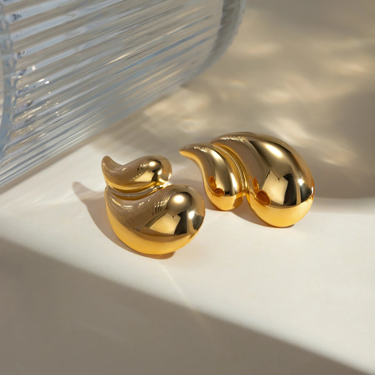 Golden Water Drop Stud Earrings . Geometric Stainless Steel Statement Jewelry . Cast Metal Waterproof Earrings for Women
