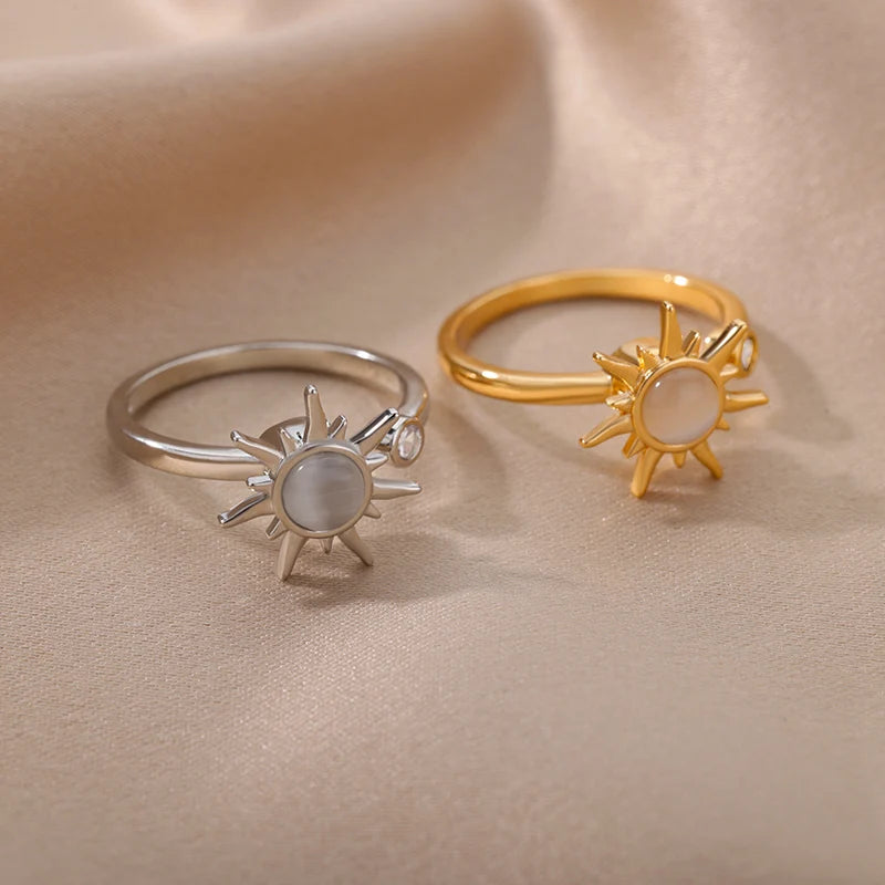 Rotating Sun Opal Open Ring for Women .Retro Charm Design with Durable Stainless Steel Adjustable Band, Unique and Eye-Catching Statement Jewelry Piece