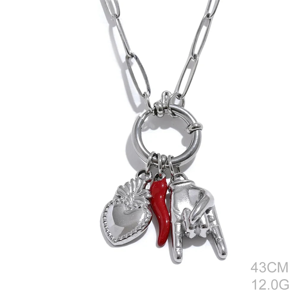 Creative 316L Stainless Steel Necklace Featuring Palm, Red Chili & Heart Charms . A Bold and Personalized Accessory, Perfect for Fun Summer Vibes