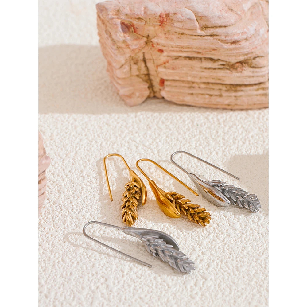 New 316L Stainless Steel Ear of Wheat Earrings . 18K Gold Plated, Water-Resistant Fashion Statement Jewelry for Women, Unique Personal Accessory
