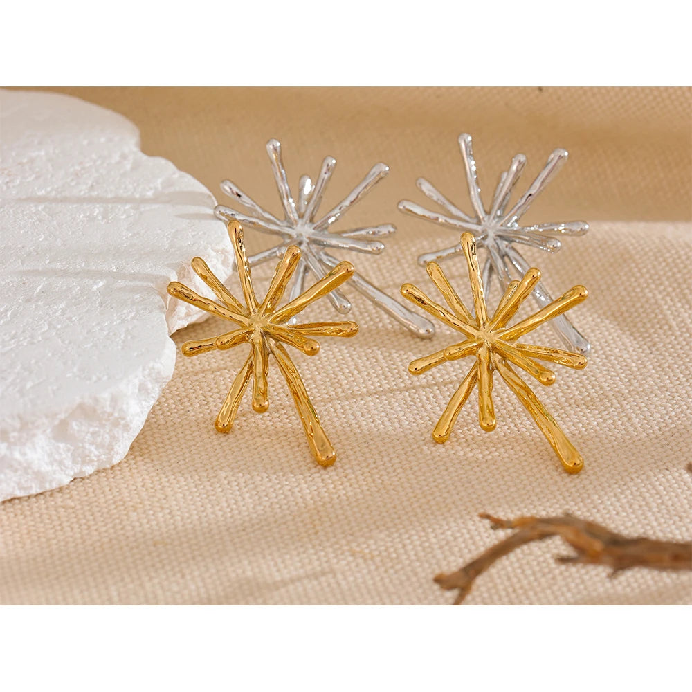 18K PVD Gold Plated 316L Stainless Steel Firework Textured Cast Stud Earrings . Waterproof Chic Charm Jewelry for Women