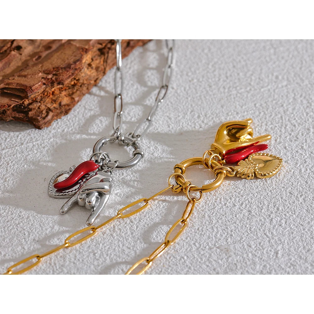 Creative 316L Stainless Steel Necklace Featuring Palm, Red Chili & Heart Charms . A Bold and Personalized Accessory, Perfect for Fun Summer Vibes