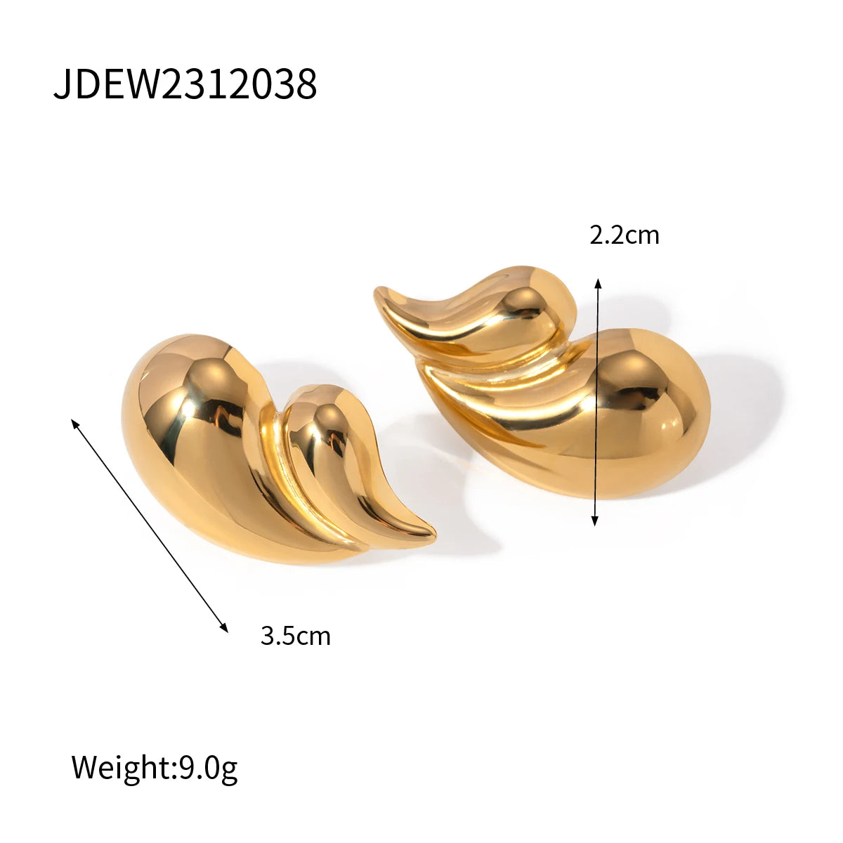 Golden Water Drop Stud Earrings . Geometric Stainless Steel Statement Jewelry . Cast Metal Waterproof Earrings for Women