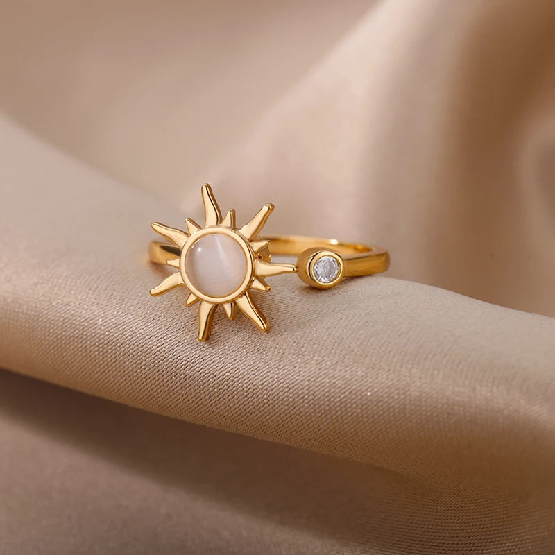 Rotating Sun Opal Open Ring for Women .Retro Charm Design with Durable Stainless Steel Adjustable Band, Unique and Eye-Catching Statement Jewelry Piece