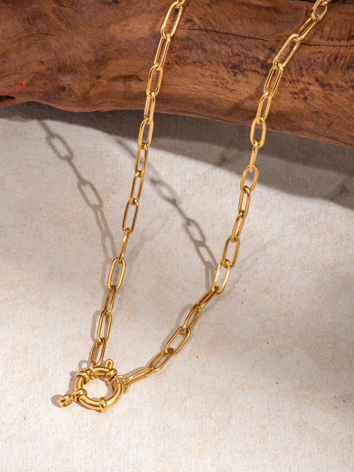 18K Gold-Plated Stainless Steel Chain Necklace . Textured Titanium Charm Collar Jewelry . Waterproof Elegant Collier Femme