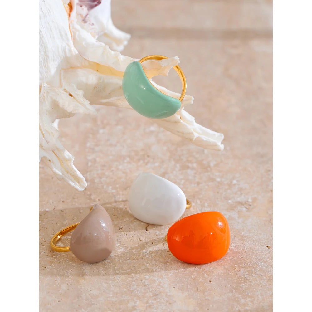 Joyful Multi-Color Ename Ring . Stainless Steel Fashion Jewelry, Waterproof Charm with Khaki, Orange, Blue & White Accents