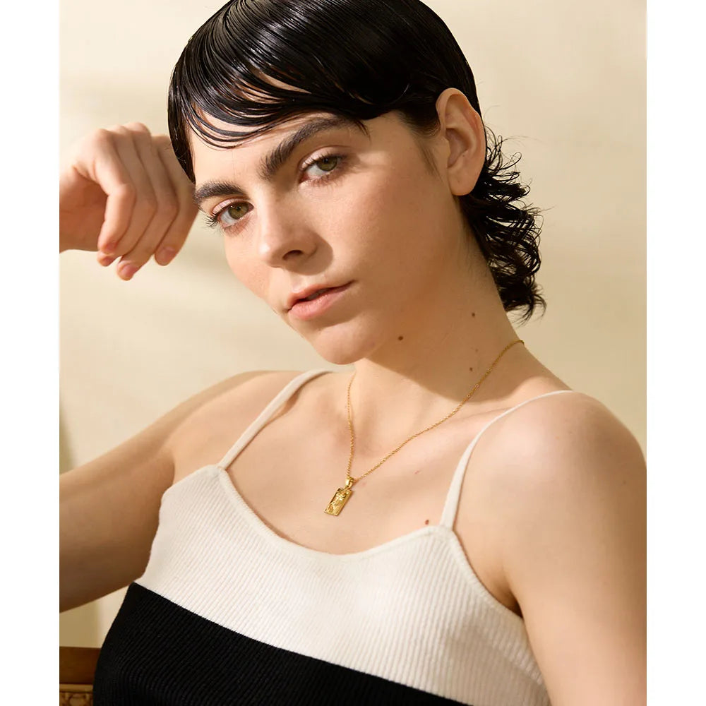 Bold Square Pendant Necklace . Gold-Tone Textured Stainless Steel with a Statement Design, Perfect for Personalized Summer Style