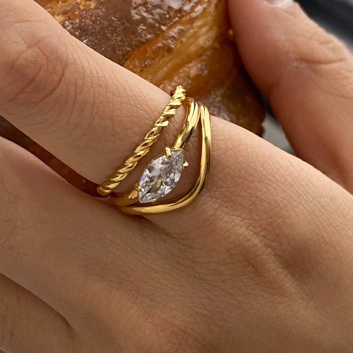 Minimalist 3-Piece Ring Set . Stainless Steel Stackable Rings with Zircon Accents and Ribbed Flower Detail for Effortless Style