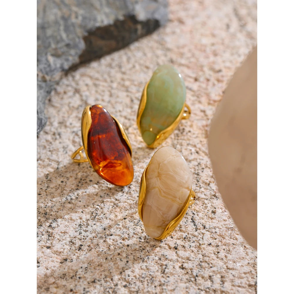 New Design Geometric Resin Ring . Brown, Green & Beige Colors with Golden PVD Plated 316L Stainless Steel, Rust-Proof Finger Jewelry for Women
