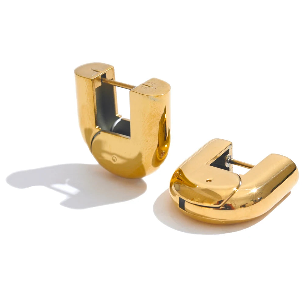 18K PVD Gold Plated U-Shape Hollow Hoop Earrings .316L Stainless Steel Glossy Finish, Waterproof & Hypoallergenic Bold Statement Jewelry for Women