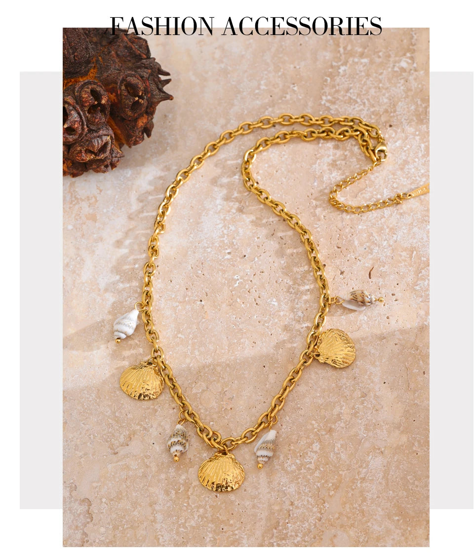 Handmade 18K Gold PVD Plated Necklace Featuring a Natural Shell Charm . Waterproof and Stylish, the Perfect Holiday Accessory for Radiant Summer Vibes