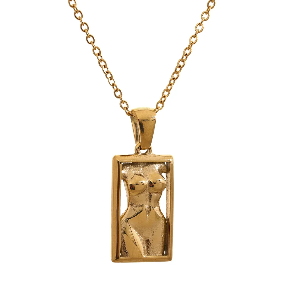 Bold Square Pendant Necklace . Gold-Tone Textured Stainless Steel with a Statement Design, Perfect for Personalized Summer Style