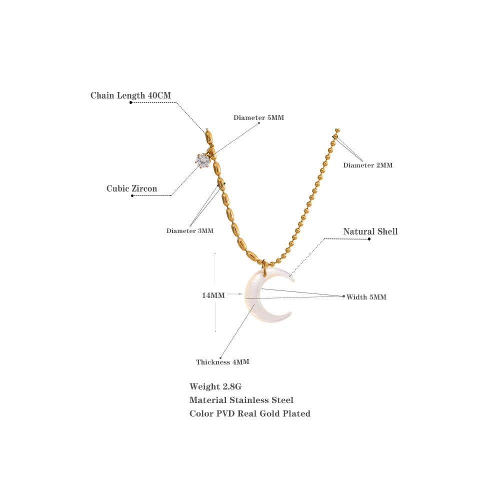 Chic Moon Pendant Necklace Featuring White Shell, Gold Beads, and Zircon Charms on a Stainless Steel Chain . A Delicate and Unique Piece, Perfect for Summer Vibes