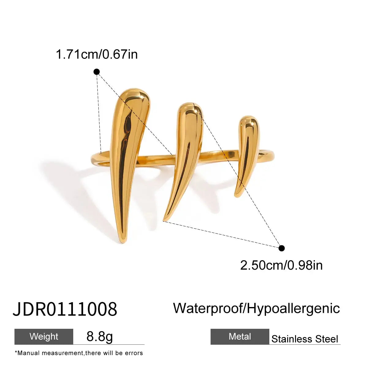 Bold Minimalist Claw Ring .18K Gold Color Plated Stainless Steel Double Finger Statement Ring with Sleek Stacked Lines for Modern Women