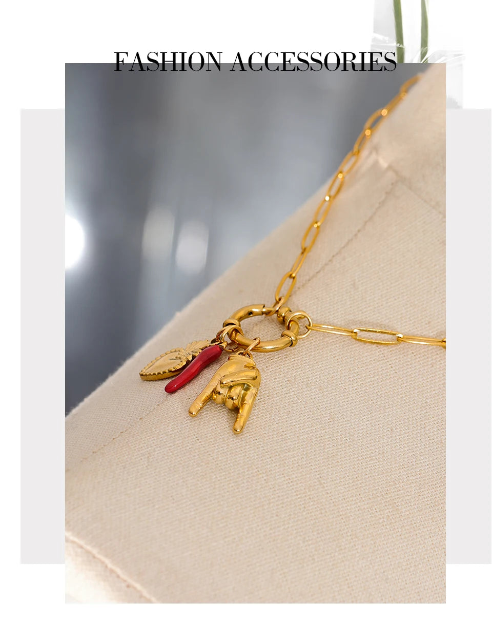 Creative 316L Stainless Steel Necklace Featuring Palm, Red Chili & Heart Charms . A Bold and Personalized Accessory, Perfect for Fun Summer Vibes