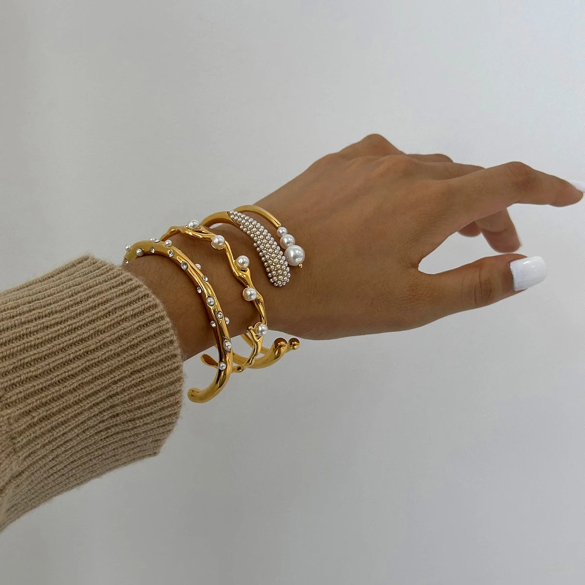 Elegant Double Wrap Pearl Open Bangle . Stackable Bracelet for Women & Girls . Chic Gift Idea for Her | Holiday & Everyday Fashion Accessory
