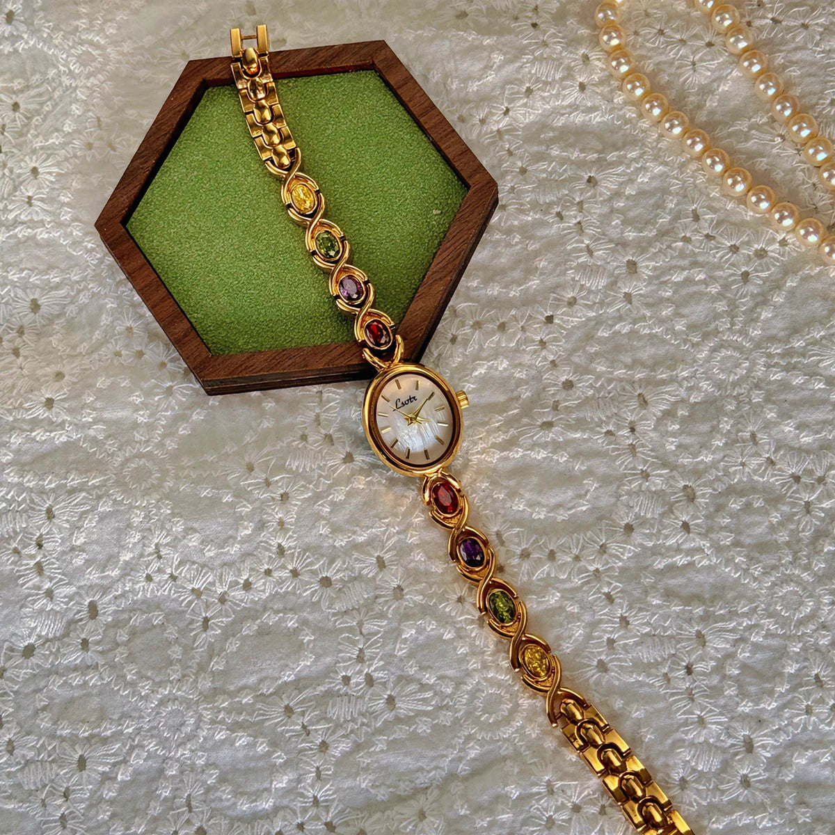 High-End Luxury Women's Watch . 1PC Elegant Oval Mother of Pearl Dial, Adorned with Colorful Tourmalines & Sparkling Diamonds . Timeless Statement Timepiece