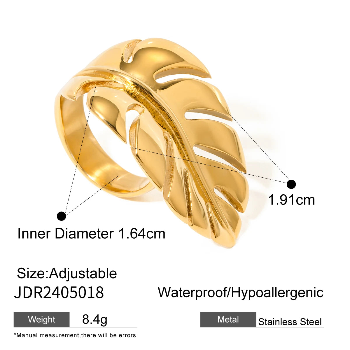 Fashion Pearl Leaf Ring for Women . Gold Color Textured Strip Design, Elegant Stackable Statement Jewelry