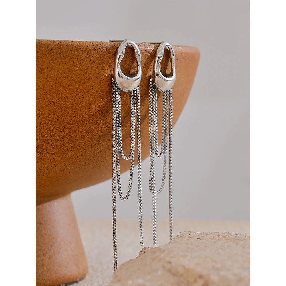 316L Stainless Steel Geometric Tassel Chain Drop Dangle Earrings .Elegant Waterproof Jewelry for Women, Popular Temperament Statement Accessory
