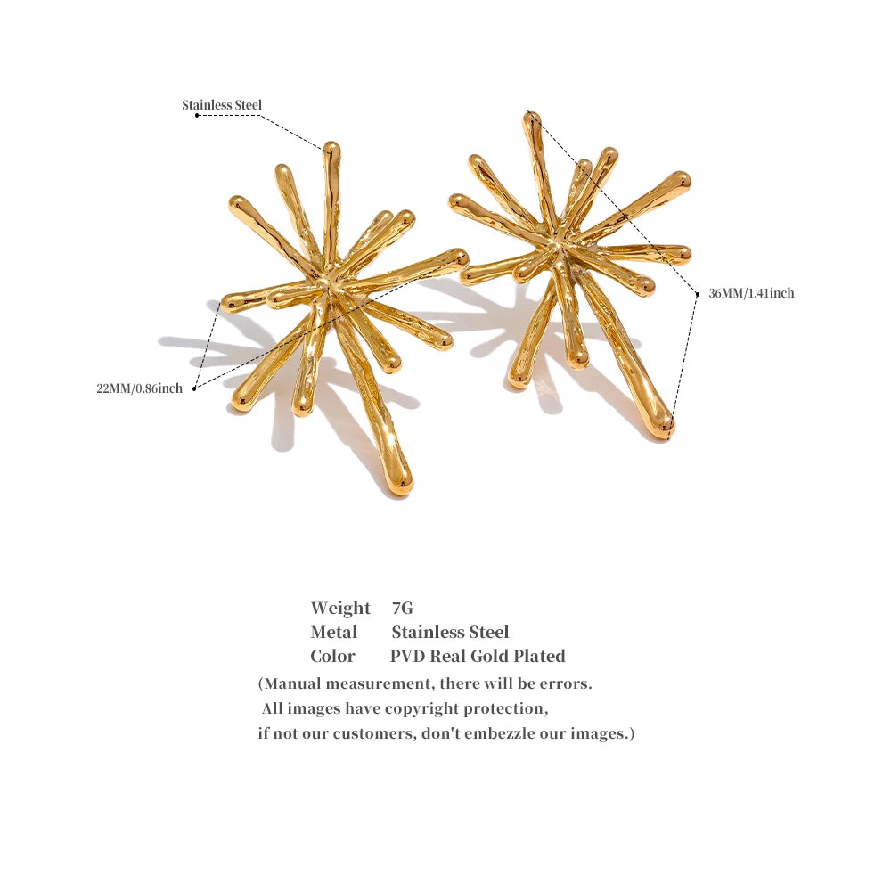 18K PVD Gold Plated 316L Stainless Steel Firework Textured Cast Stud Earrings . Waterproof Chic Charm Jewelry for Women