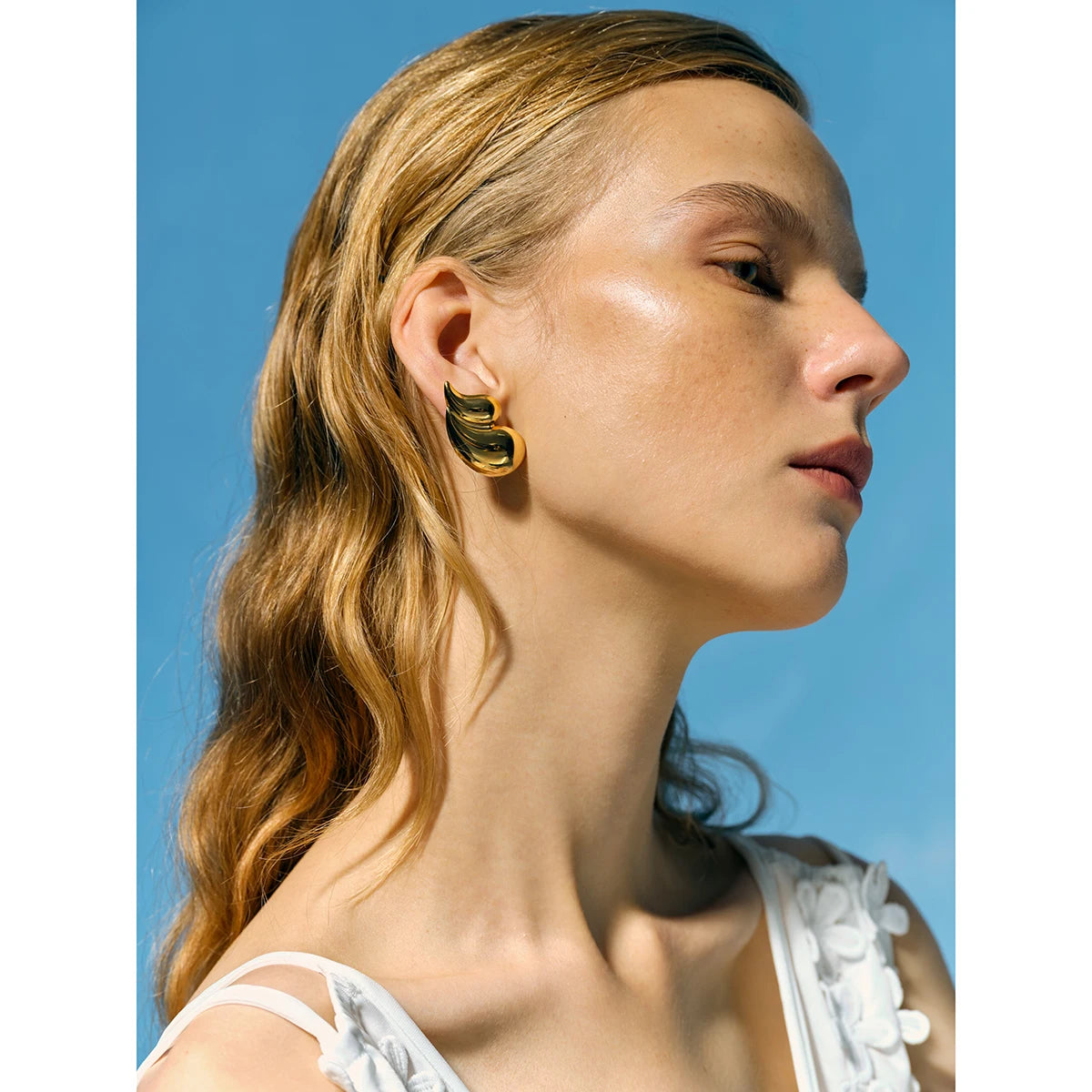 Golden Water Drop Stud Earrings . Geometric Stainless Steel Statement Jewelry . Cast Metal Waterproof Earrings for Women