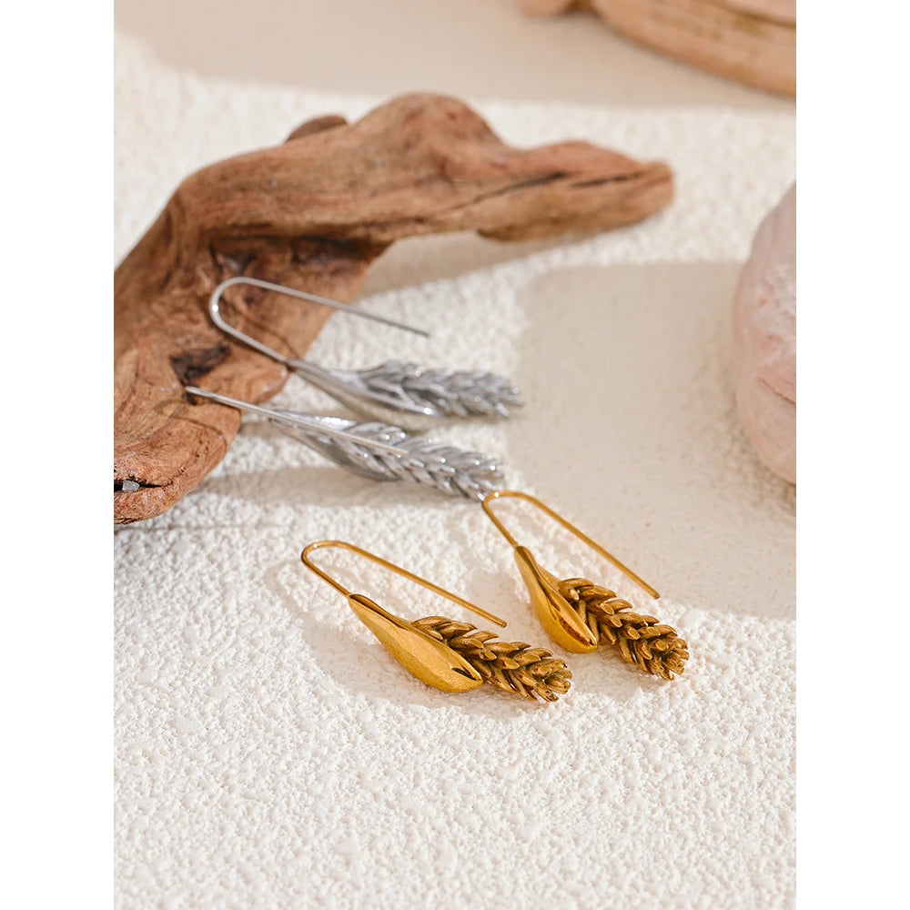 New 316L Stainless Steel Ear of Wheat Earrings . 18K Gold Plated, Water-Resistant Fashion Statement Jewelry for Women, Unique Personal Accessory