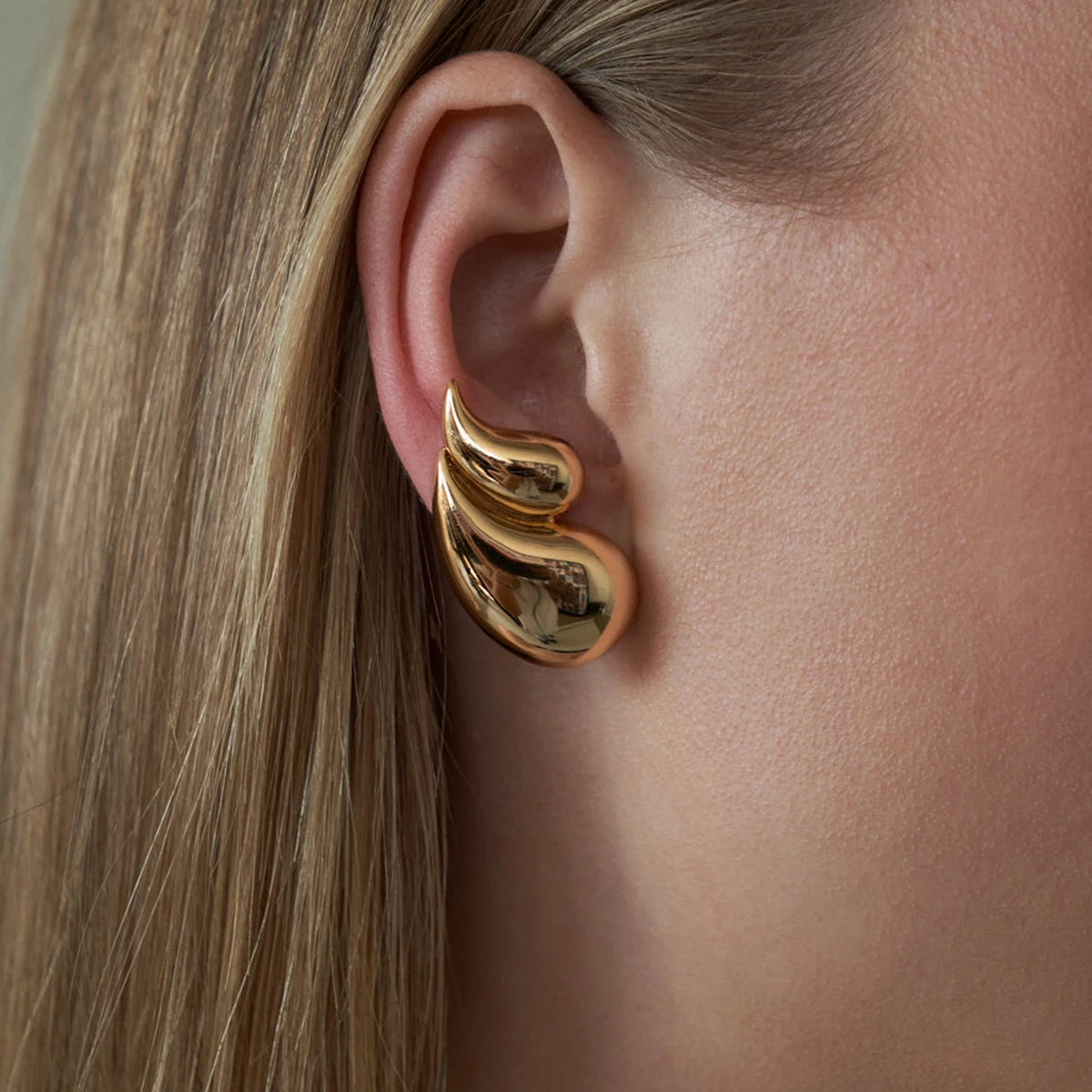Golden Water Drop Stud Earrings . Geometric Stainless Steel Statement Jewelry . Cast Metal Waterproof Earrings for Women