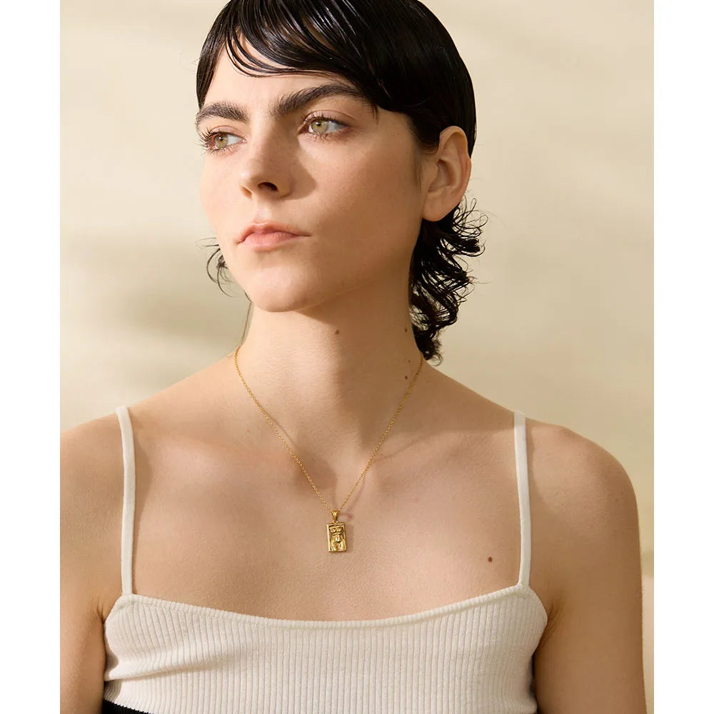Bold Square Pendant Necklace . Gold-Tone Textured Stainless Steel with a Statement Design, Perfect for Personalized Summer Style