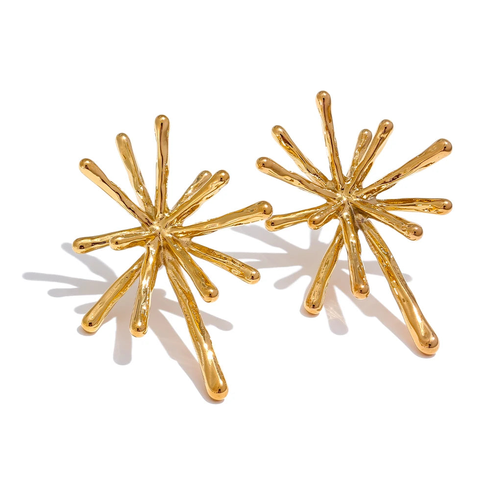 18K PVD Gold Plated 316L Stainless Steel Firework Textured Cast Stud Earrings . Waterproof Chic Charm Jewelry for Women