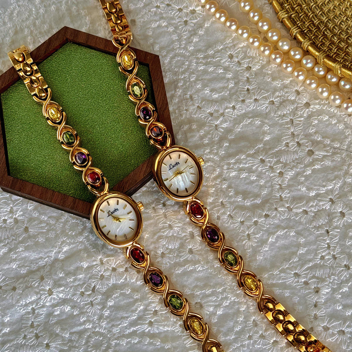 High-End Luxury Women's Watch . 1PC Elegant Oval Mother of Pearl Dial, Adorned with Colorful Tourmalines & Sparkling Diamonds . Timeless Statement Timepiece