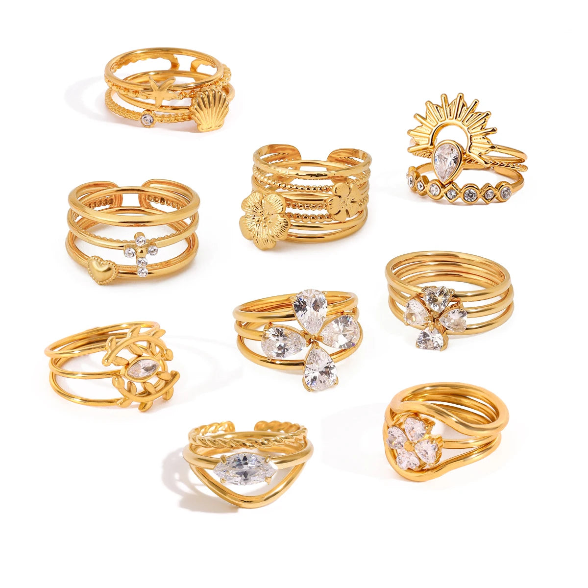 Minimalist 3-Piece Ring Set . Stainless Steel Stackable Rings with Zircon Accents and Ribbed Flower Detail for Effortless Style