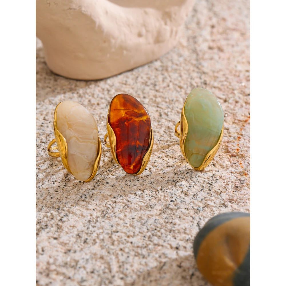 New Design Geometric Resin Ring . Brown, Green & Beige Colors with Golden PVD Plated 316L Stainless Steel, Rust-Proof Finger Jewelry for Women