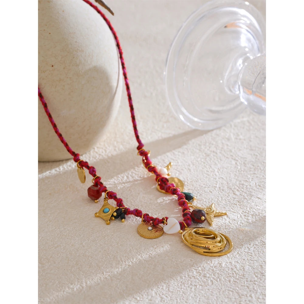 Boho-Chic Handmade Rope Necklace Featuring Braided Design, Natural Stone Drops, and Moon & Star Charms .Stainless Steel Details for a Durable Finish. A Perfect Piece for Summer Vibes
