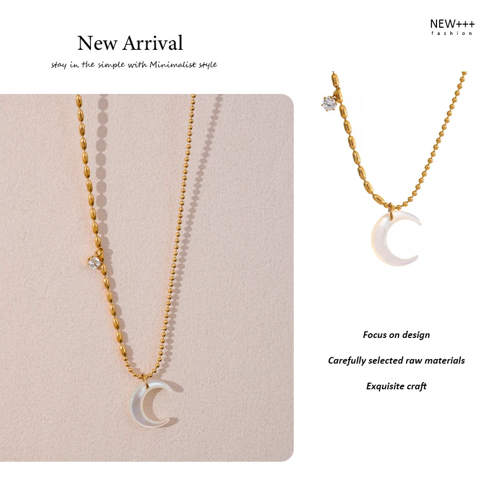 Chic Moon Pendant Necklace Featuring White Shell, Gold Beads, and Zircon Charms on a Stainless Steel Chain . A Delicate and Unique Piece, Perfect for Summer Vibes