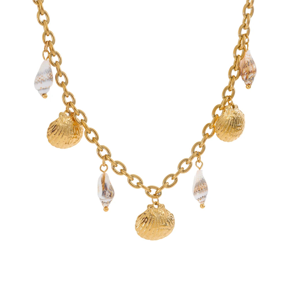 Handmade 18K Gold PVD Plated Necklace Featuring a Natural Shell Charm . Waterproof and Stylish, the Perfect Holiday Accessory for Radiant Summer Vibes