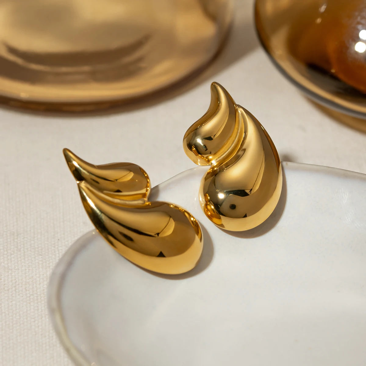 Golden Water Drop Stud Earrings . Geometric Stainless Steel Statement Jewelry . Cast Metal Waterproof Earrings for Women