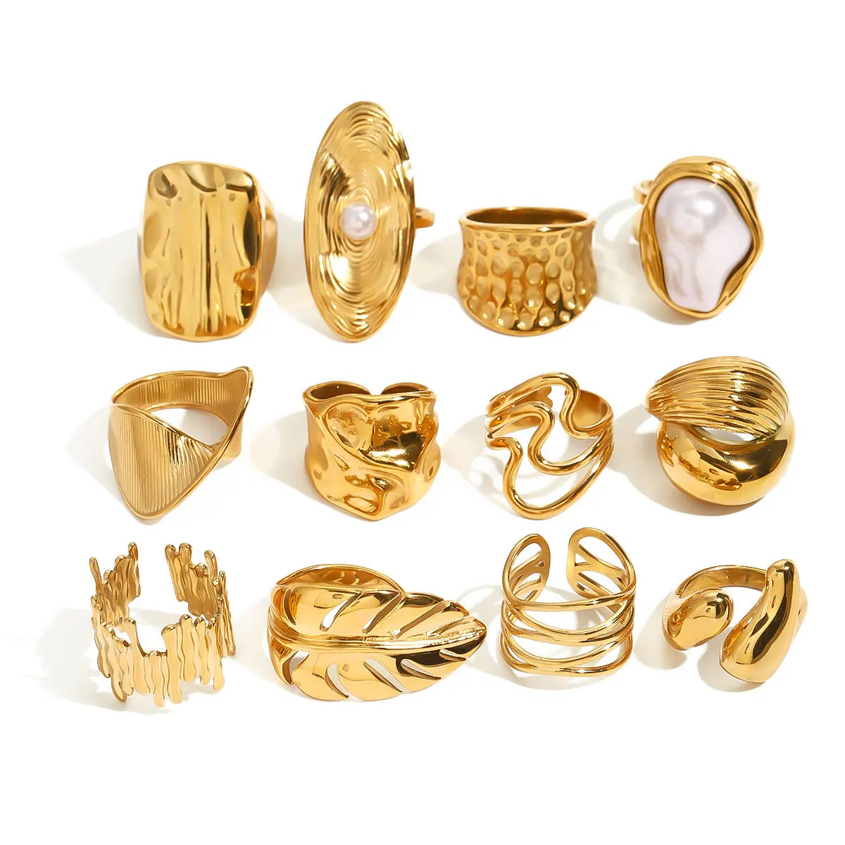 Fashion Pearl Leaf Ring for Women . Gold Color Textured Strip Design, Elegant Stackable Statement Jewelry
