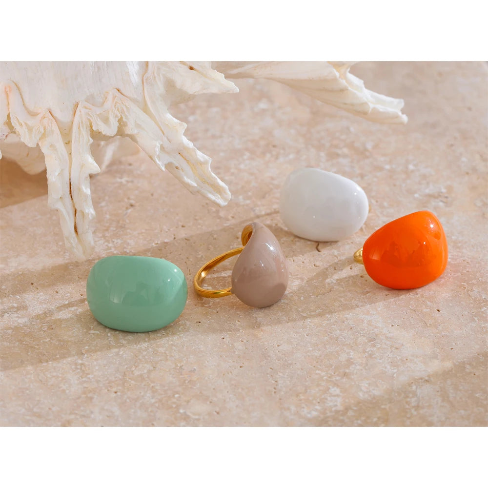 Joyful Multi-Color Ename Ring . Stainless Steel Fashion Jewelry, Waterproof Charm with Khaki, Orange, Blue & White Accents